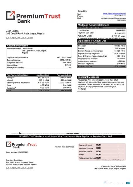 Download Nigeria Premium Trust Bank mortgage statement Word and PDF template Photoshop template